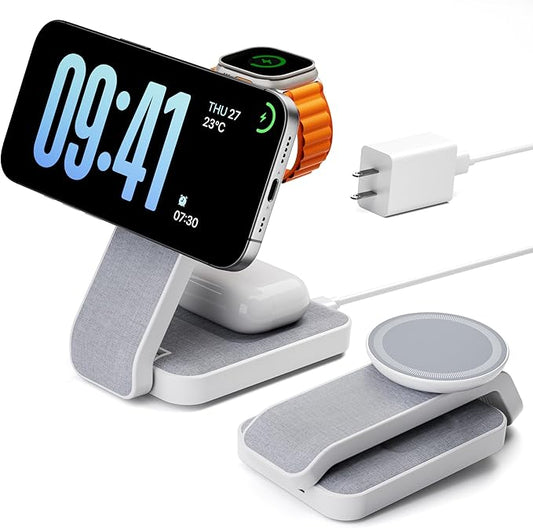 3 in 1 Foldable Wireless Travel Charging Station for MagSafe, Nightstand Magnetic Charger Stand for iPhone 17 16 15 14 Pro Max, Charging Dock with Night Light for Apple Watch/AirPods (White)