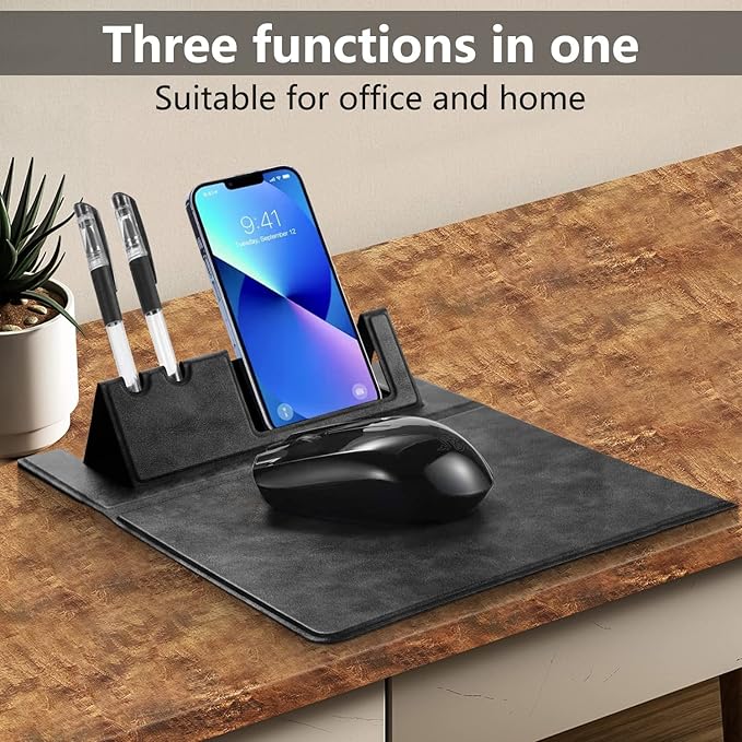 Premium PU Leather 3-in-1 Mouse Pad with Phone Stand and Pen Holders, 9.7x7.7 inches Organizer Desk Mat for Reception counters and Home Office (Black 1Pack)