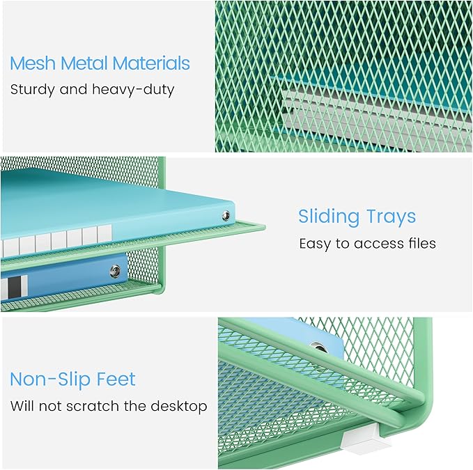 Lavatino Desk Paper File Organizer - Metal Mesh with 2 Letter Trays, 7 Flexible Dividers, 2 Vertical File Folder Holders for Office/Home/Classroom Supplies, Desk Organizers and Accessories, Green