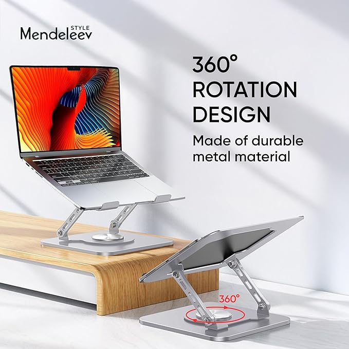 Silver Laptop Stand for Desk with 360 Rotating Base Compatible with MacBook Pro/Air Notebook up to 16 Inches Computer Stand for Laptop Ergonimic Foldable Riser for Desk