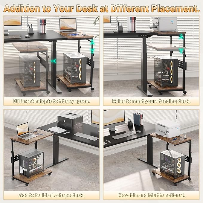 Computer Tower Stand with Power Strips, 4 Levels Manual Height Adjustable PC Tower Stand for Under Desk, Mobile Rolling CPU Holder, Computer Cart with Wheels, 24", Rustic Brown