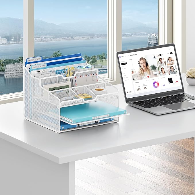 Lavatino Desk Paper File Organizer - Metal Mesh with 2 Letter Trays, 7 Flexible Dividers, 2 Vertical File Folder Holders for Office/Home/Classroom Supplies, Desk Organizers and Accessories, White