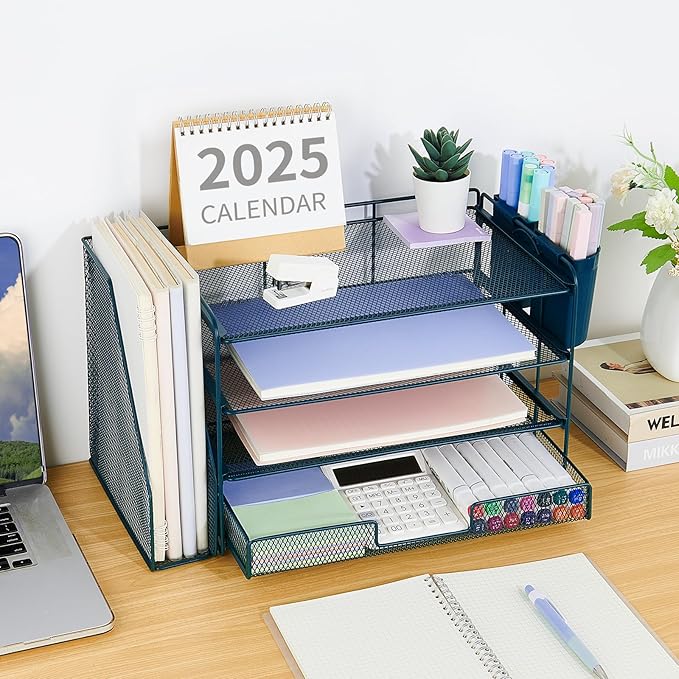 OPNICE Desk Organizer, 4-Tier Desktop File Organizer with Drawer and 2 Pen Holders, Office Desk Accessories, File Sorters, Workspace Organizers for Office Supplies(Dark Blue)
