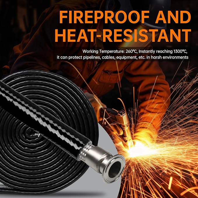 High Temp Fire Sleeve, Fiberglass Braided Heat Shield for Automotive Fuel Line & Wiring Harness, Silicone Coated Fireproof Protection Tube (Black, 20mm(25/32")-9.9ft)