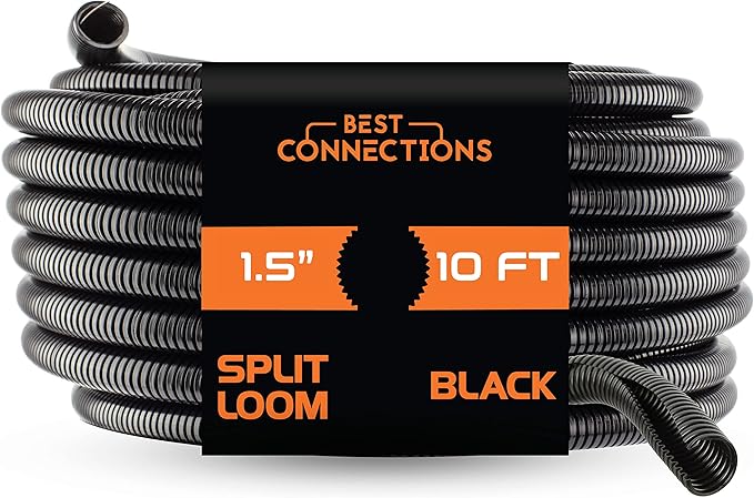BEST CONNECTIONS Split Wire Loom Flex-Guard Convoluted Tubing Protective Split Cable Sleeves for Auto Home Industrial Electrical Wires Chemical Resistant Conduit Black (1.5" - 10 ft)