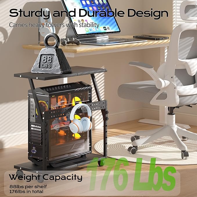 24In Large PC Stand, 5 Levels Height Adjustable Computer Tower Stand with Wheels and Hooks, CPU Holder Cart for Floor, Carpet and Under Desk, Easy Assembly（NOT Including Power Strips）