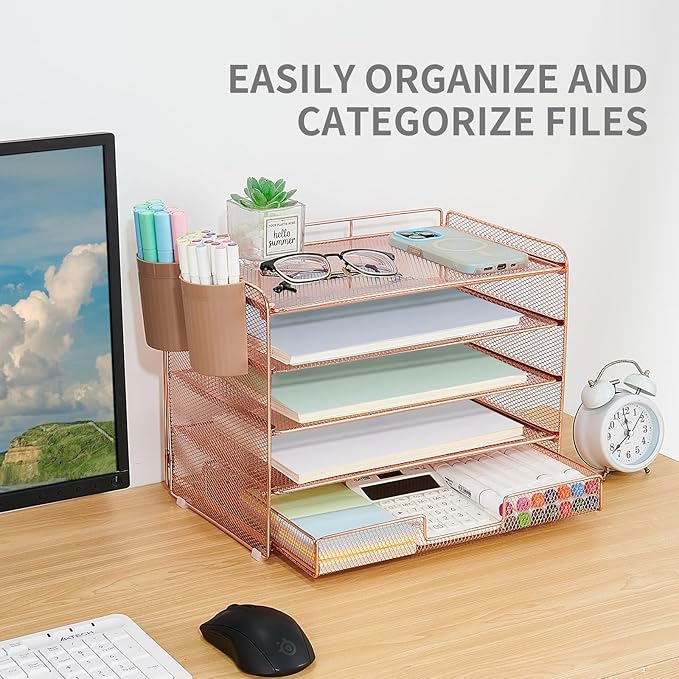 Desk Organizer and Accessories, 5-Tier Paper Letter Tray Organizer with Drawer & 2 Pen Holders for Desktop File Organization, Office Desk Accessories for Supplies Storage (Rose Gold)