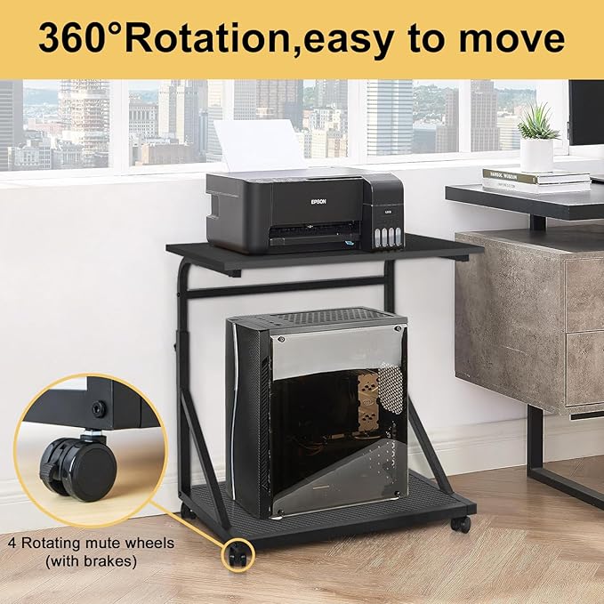 Computer Tower Stand, 2-Tier CPU Stand with Lockable Wheels, Adjustable Height PC Stand for Floor, Mobile PC Laptop Standing Table for Home Office (Black)