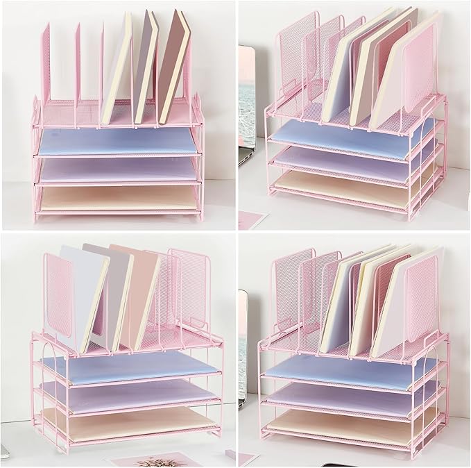 Desk Organizers and Accessories, 3-Tier Paper Organizer with 5 Vertical File Holders, File Organizer for Desk (Pink, 3T)