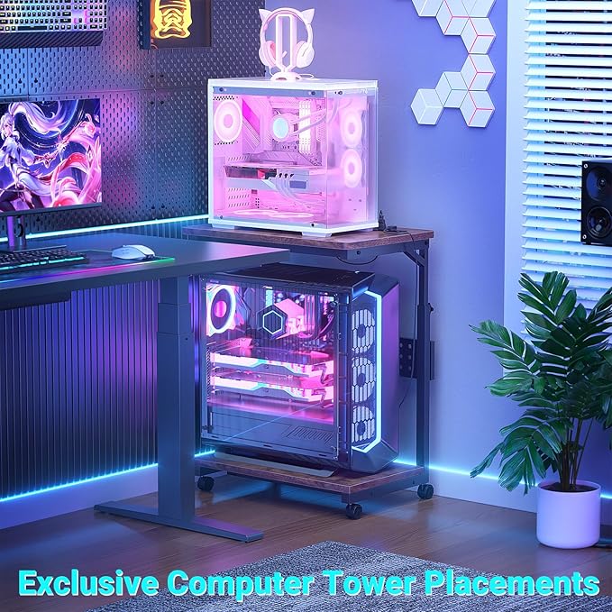 Computer Tower Stand with Power Strips, 4 Levels Manual Height Adjustable PC Tower Stand for Under Desk, Mobile Rolling CPU Holder, Computer Cart with Wheels, 24", Rustic Brown