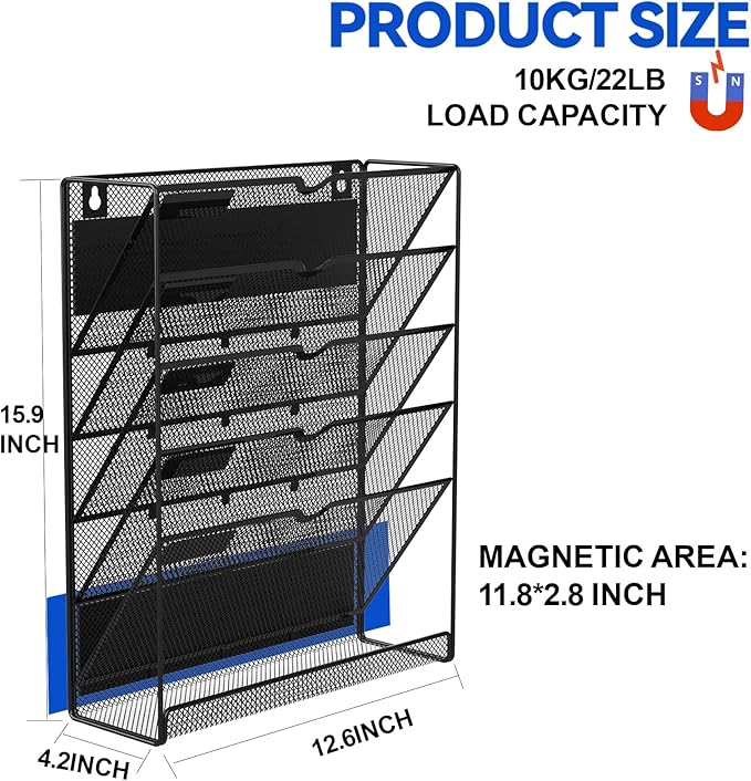 6-Tier Magnetic File Holder, No Drilling Installation File Cabinet Organizer,Black Magnetic File Holders, Magnetic Paper Holder for Refrigerator,File Cabinets, Whiteboard