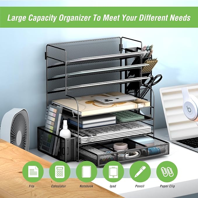 7 Tier Desk File Organizer Office storage Desk Accessories, Desktop Organizer for Office Supplies with Drawer and 2 Pen Holders (Black)