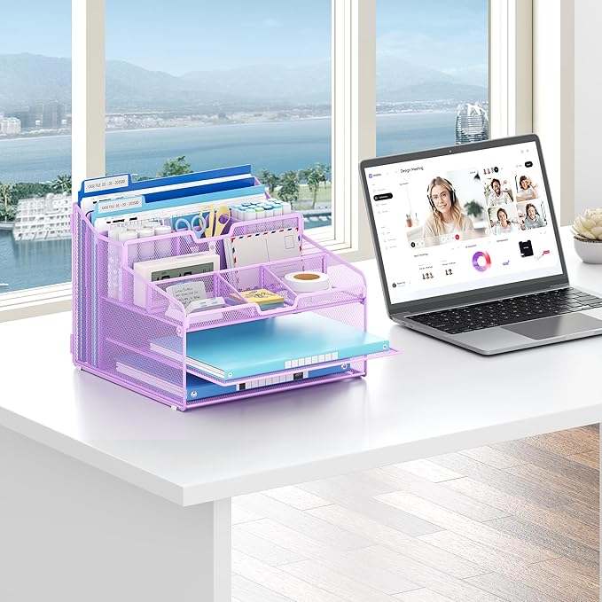 Lavatino Desk Paper File Organizer - Metal Mesh with 2 Letter Trays, 7 Flexible Dividers, 2 Vertical File Folder Holders for Office/Home/Classroom Supplies, Desk Organizers and Accessories, Purple