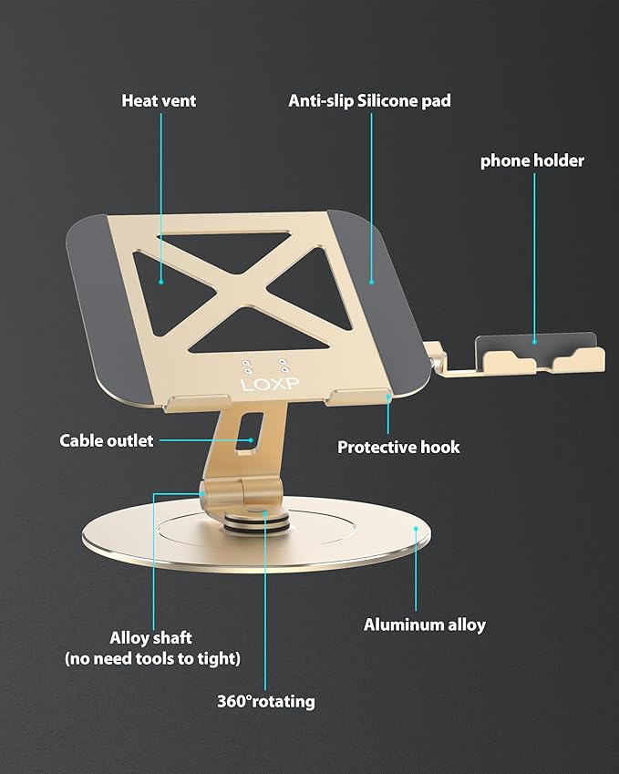 Ultra-Stable Aluminumy Laptop Stand for Desk with Foldable Phone Holder, 300% Large Base Stability, Anti-Loosening,Suitable for 10"-17.3" Laptops, Champagne Golden