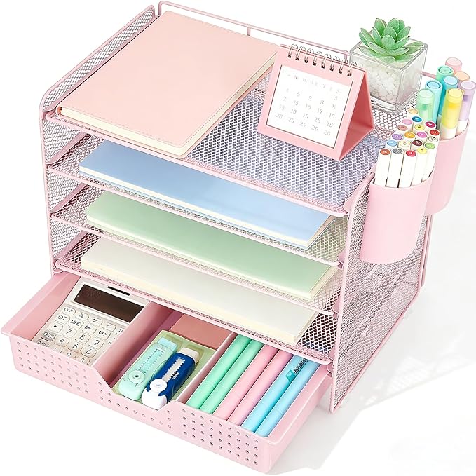Desk Organizer and Accessories, 5-Tier Paper Letter Tray Organizer with Drawer & 2 Pen Holders for Desktop File Organization, Office Desk Accessories for Supplies Storage (Pink)