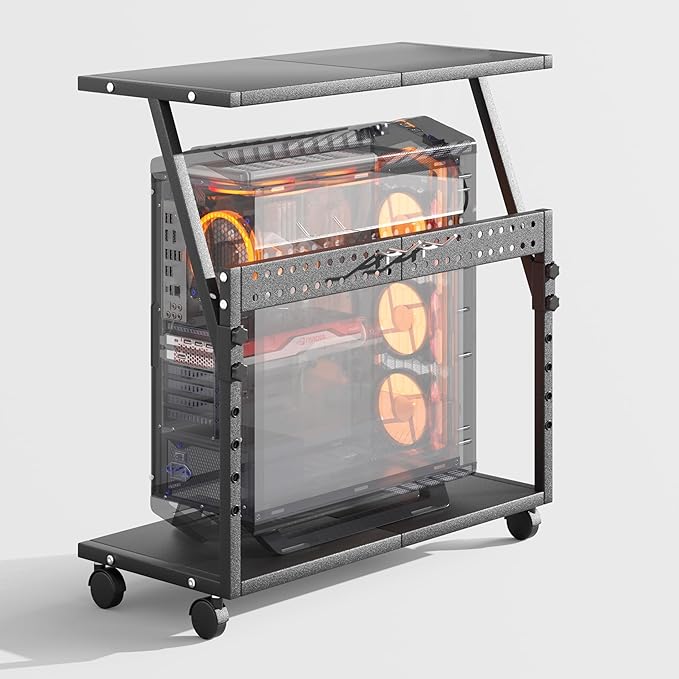 24In Large PC Stand, 5 Levels Height Adjustable Computer Tower Stand with Wheels and Hooks, CPU Holder Cart for Floor, Carpet and Under Desk, Easy Assembly（NOT Including Power Strips）