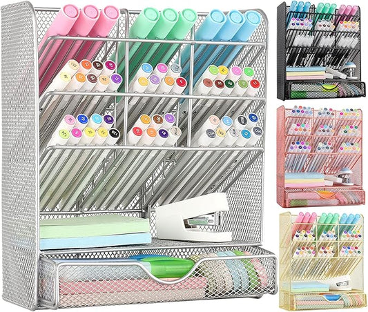 Spacrea Pen Holder Desk Organizer - Desk Organizers and Accessories, Pencil Holder with 10 Compartments and 1 Drawer (Silver)