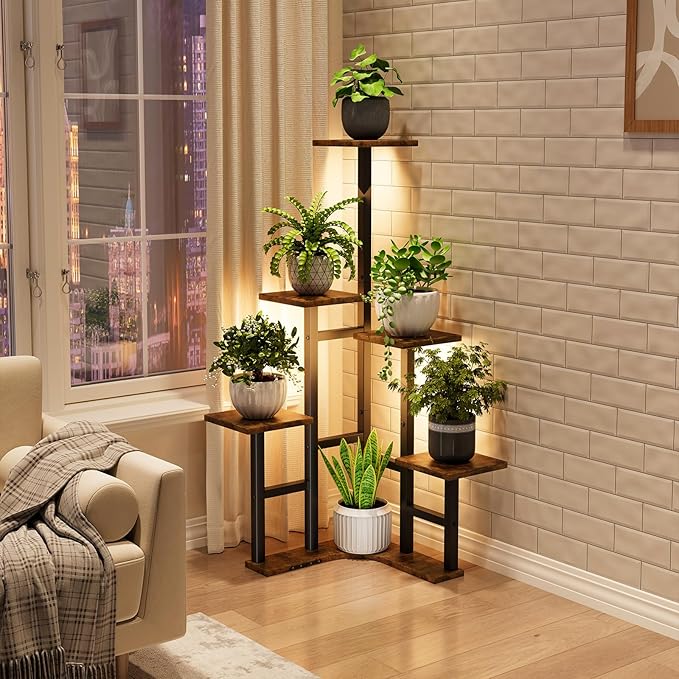 Corner Plant Stand Indoor with Grow Lights, 6 Tiered Corner Plant Shelf Flower Stand for Multiple Plants, Plant Shelves Organizer Rack for Living Room, Balcony, Patio, Square Rustic Brown