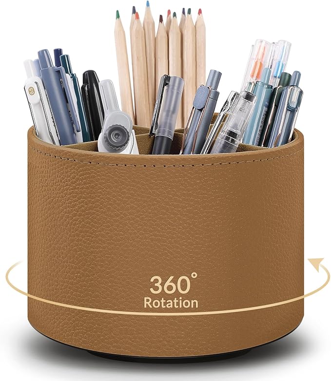 SKYDUE Rotating Pencil Pen Holder, PU Pen Organizer with 4 Slots - Desk Organizer and Accessories for School, Home, Office Supplies