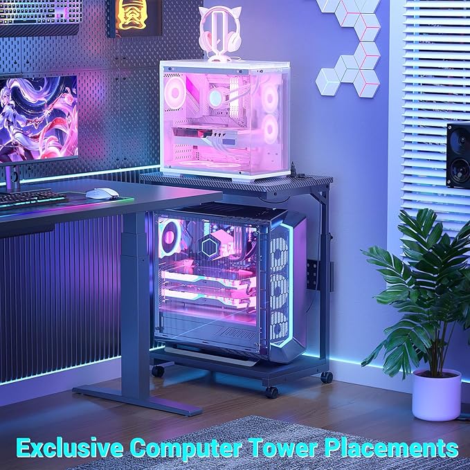 Computer Tower Stand with Power Strips, 4 Levels Manual Height Adjustable PC Tower Stand for Under Desk, Mobile Rolling CPU Holder, Computer Cart with Wheels, 24", Carbon Fiber Black