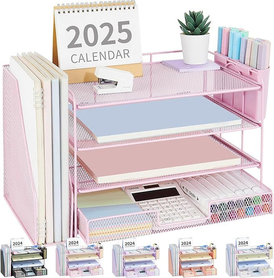 OPNICE Desk Organizer, 4-Tier Desktop File Organizer with Drawer and 2 Pen Holders, Office Desk Accessories, File Sorters, Workspace Organizers for Office Supplies(Pink)