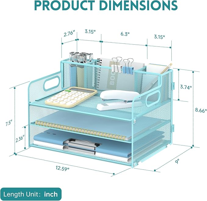 SUPEASY 3 Tier Desk Organizer with Handle & 3 Pen Holders, Mesh Paper/File Organizer for Desk, Paper Letter Tray Organizer for Office Supplies (Light Blue)