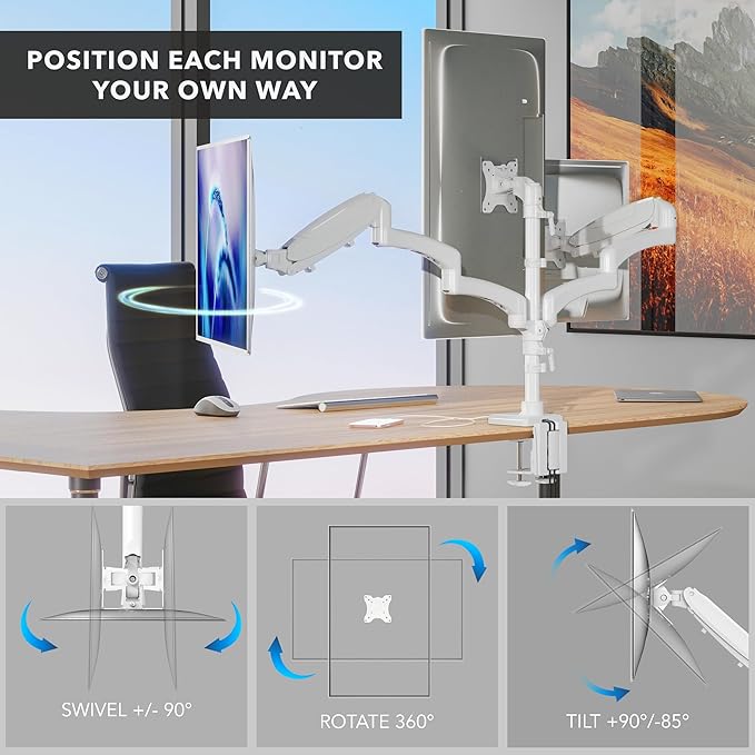 Mount-It! Triple Monitor Mount with USB-C and USB-A Ports, 3 Monitor Desk Mount with Gas Spring Arms for Easy Height Adjustment, Full Motion Design Supports Computer Monitors Up to 32", White