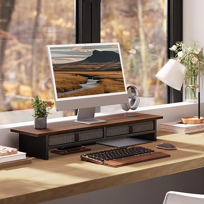 Fenge Monitor Stand with Drawer, 2 Tiers Dual Monitor Riser for Desk, 35 Inch Computer Stand for 2 Monitors, Desk Shelf for Home, Office, Laptop, PC, TV, Printer