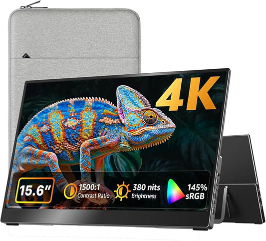 Portable Monitor 15.6 inch 4K UHD 145% sRGB 60Hz, Travel Monitor for Laptop MacBook Surface PC Xbox PS5, HDMI Dual USB-C VESA Compatible Built-in Speaker, with Kickstand