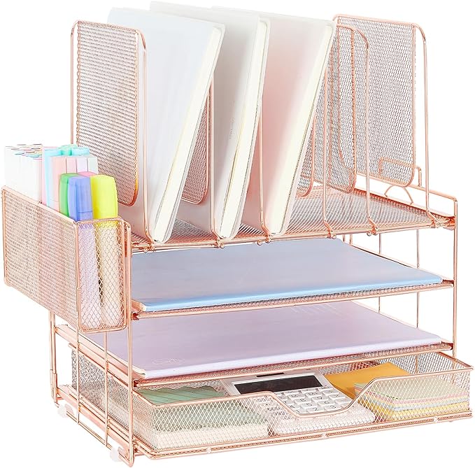 Desk Organizers and Accessories, 3-Tier Paper Organizer with 5 Vertical File Holders, File Organizer for Desk (Rose Gold With Drawer, 3T With Drawer)
