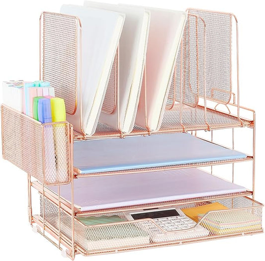 Desk Organizers and Accessories, 3-Tier Paper Organizer with 5 Vertical File Holders, File Organizer for Desk (Rose Gold With Drawer, 3T With Drawer)