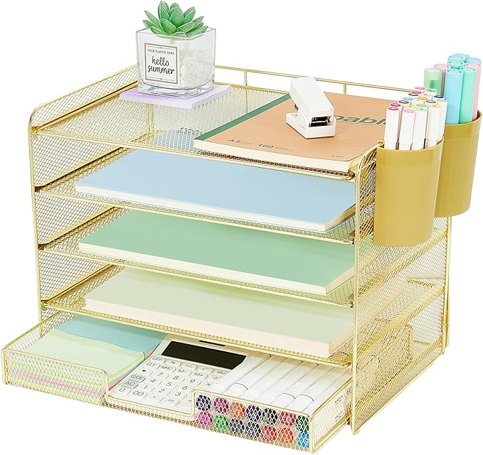 Desk Organizer and Accessories, 5-Tier Paper Letter Tray Organizer with Drawer & 2 Pen Holders for Desktop File Organization, Office Desk Accessories for Supplies Storage (Gold)