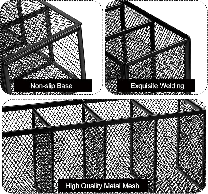 2 Pcs Black Metal Mesh Desk Organizer Pen Holder 6 Compartments Pencil Holder for Desk, pen organizer for Office Supplies, Pencil Caddy, Makeup Brush Storage, Home and Classroom Accessories