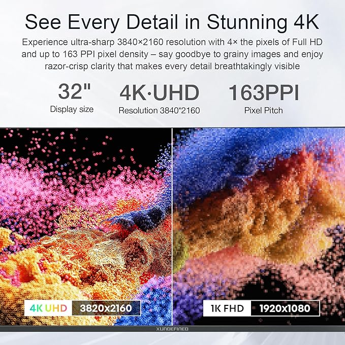 32 Inch 4K UHD Monitor, 3840 x 2160 Fast IPS Computer Monitor, 3000:1 Contrast, sRGB 120%, Blue Light Filter, Free-Sync, Zero Frame Screen With HDMI, DisplayPort for Home and Office, VESA(100x100mm)