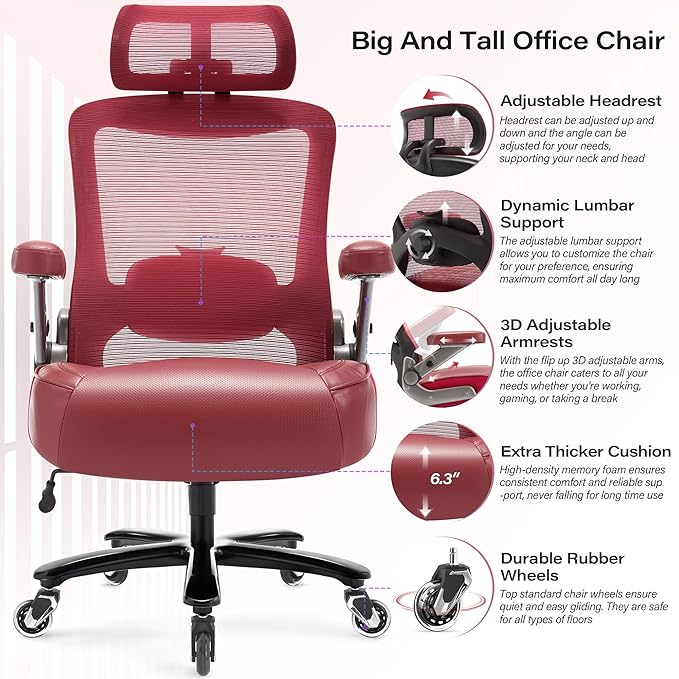 Big and Tall Office Chair 600lbs with 3D Flip Arms, Heavy Duty Large Executive Computer Desk Chair Ergonomic Mesh High Back Plus Size Chair for Adults