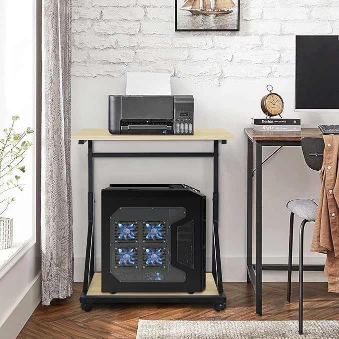 Computer Tower Stand, 2-Tier CPU Stand with Lockable Wheels, Adjustable Height PC Stand for Floor, Mobile PC Laptop Standing Table for Home Office (White Maple)