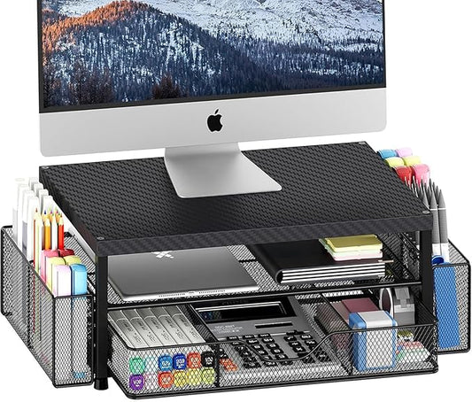 OPNICE Desk Organizer and Accessories, 2-Tier Computer Monitor Stand with Drawer and 2 Pen Holders, Laptop Stand, Office Desk Accessories for Office Supplies, Carbon Fiber