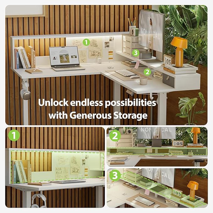 Agilestic L-Shaped Electric Standing Desk, 63x55 Inch Ergonomic Adjustable Height Desk with Storage, Stand Up Corner Desk Sit Stand Computer Table Power Outlet & LED Lights, Office Table, White