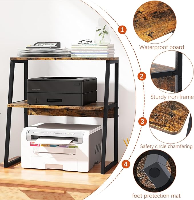 Printer Stand for Desk, Desktop Printer Shelf, 3 Tier Desk Shelf for top of Desk, Large Printer Stands Office Organization Shelves for Home Office Printer Fax Book, Rustic Brown