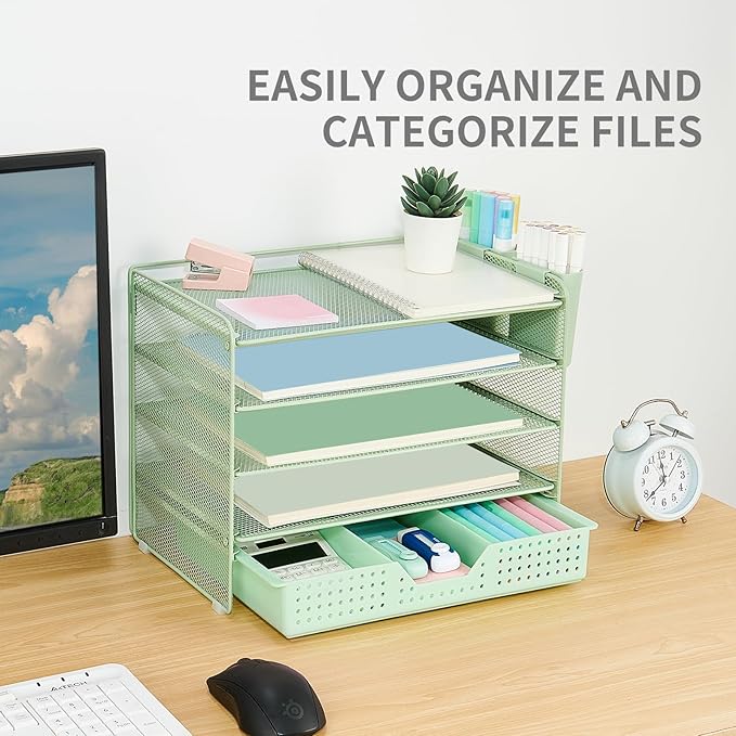 Desk Organizer and Accessories, 5-Tier Paper Letter Tray Organizer with Drawer & 2 Pen Holders for Desktop File Organization, Office Desk Accessories for Supplies Storage (Green)