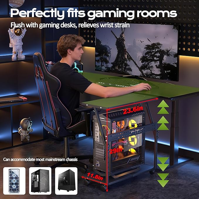 24In Large PC Stand, 5 Levels Height Adjustable Computer Tower Stand with Charging Station, Wheels and Hooks, CPU Holder Cart for Floor, Carpet and Under Desk, Easy Assembly（with Power Strips）