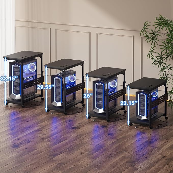 Computer Tower Stand with Power Strips, 4 Levels Manual Height Adjustable PC Tower Stand for Under Desk, Mobile Rolling CPU Holder, Computer Cart with Wheels, 24", Carbon Fiber Black