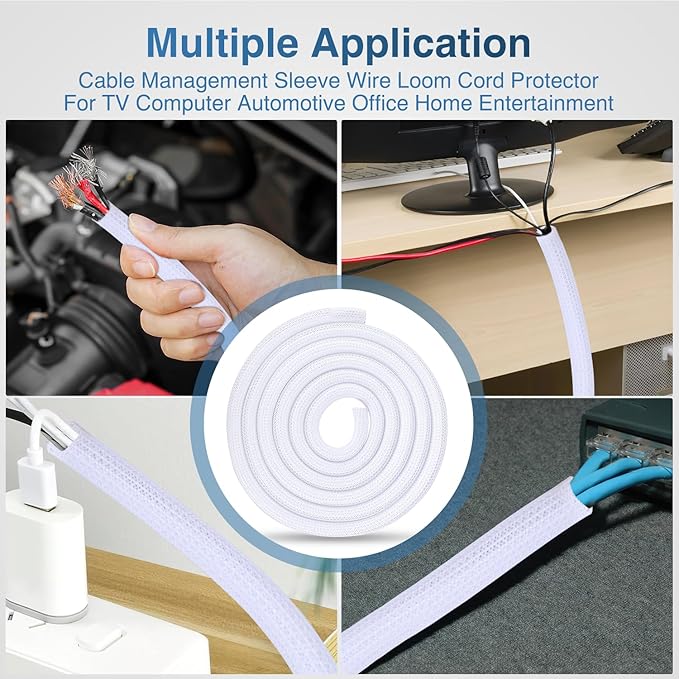 Nilight Cable Sleeve, 25ft-1/2inch Cord Management Sleeves, Braided Sleeving, Split Self Wrapping Wire Loom for Computer Electrical Automotive Harness Protector Organizer, White