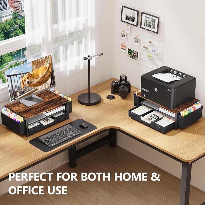 OPNICE Desk Organizers and Accessories, 2-Tier Computer Monitor Stand Riser with Drawer and 2 Pen Holders, Laptop Stand, Office Desk Accessories for Office Supplies, Brown