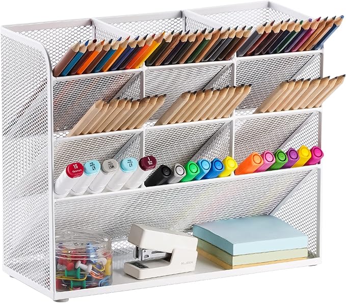 Marbrasse Mesh Desk Organizer, Multi-Functional Pen Holder, Pen Organizer for desk, Desktop Stationary Organizer, Storage Rack for School Home Office Art Supplies (White - Mesh Pen Holder)