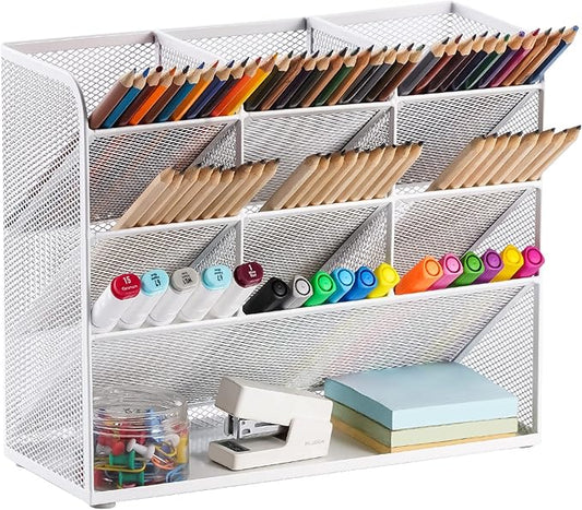 Marbrasse Mesh Desk Organizer, Multi-Functional Pen Holder, Pen Organizer for desk, Desktop Stationary Organizer, Storage Rack for School Home Office Art Supplies (White - Mesh Pen Holder)