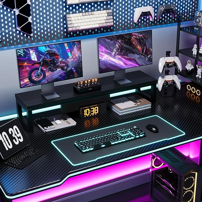 Dual Monitor Stand Riser, Wood and Steel Monitor Stand for Desk, Multi-Purpose Desk Shelf Organizer for Computer, Laptop, Printer, TV, Black