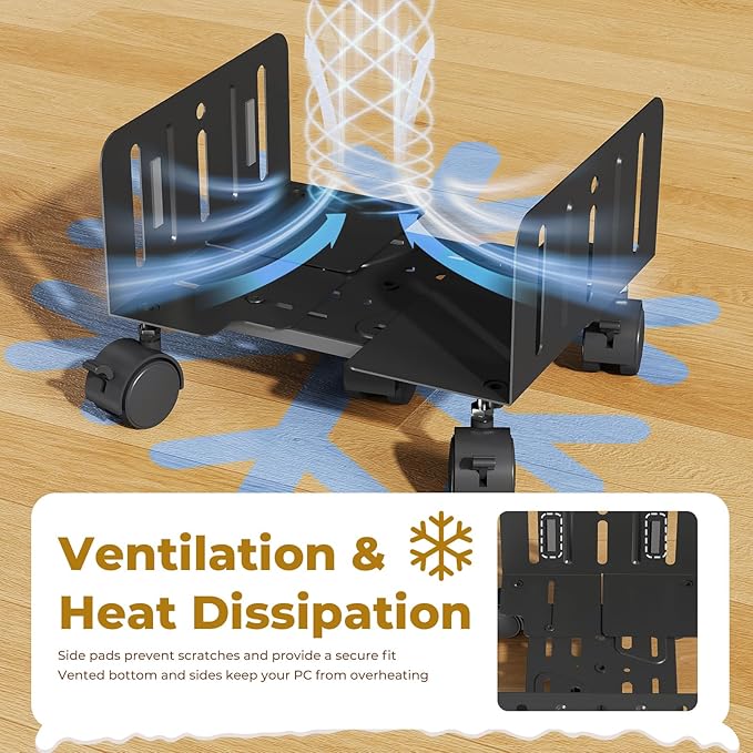 JOY worker Computer Tower Stand, 4.9 to 13.9 inch Wide Adjustable Mobile PC Cart with 5 Wheels, Steel Tower Floor Stand Holds Up to 66 lbs, Rolling Gaming CPU Holder Under Desk, Black