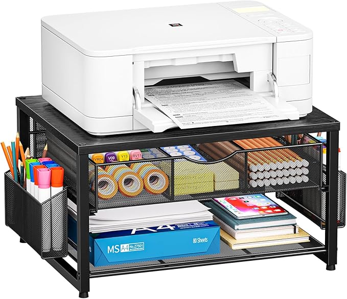 Marbrasse Wood Printer Stand for Desk, 2-Tier Desktop Printer Table for Home Office, Printer Stand with Storage Drawer 2 Pen Holders, Multi-Purpose Desk Organizer for Fax Machine Scanner (Wood Black)