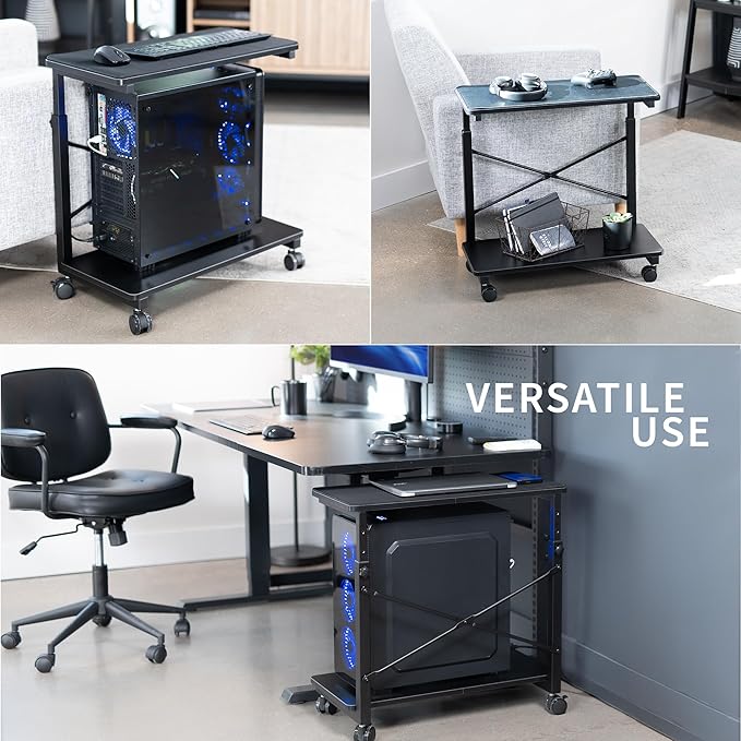 VIVO Large Mobile Adjustable 2-Tier PC Stand, Premium Gaming CPU Computer Tower and Mouse Storage, Rolling Floor Cart, Locking Caster Wheels, Black, CART-PC03P